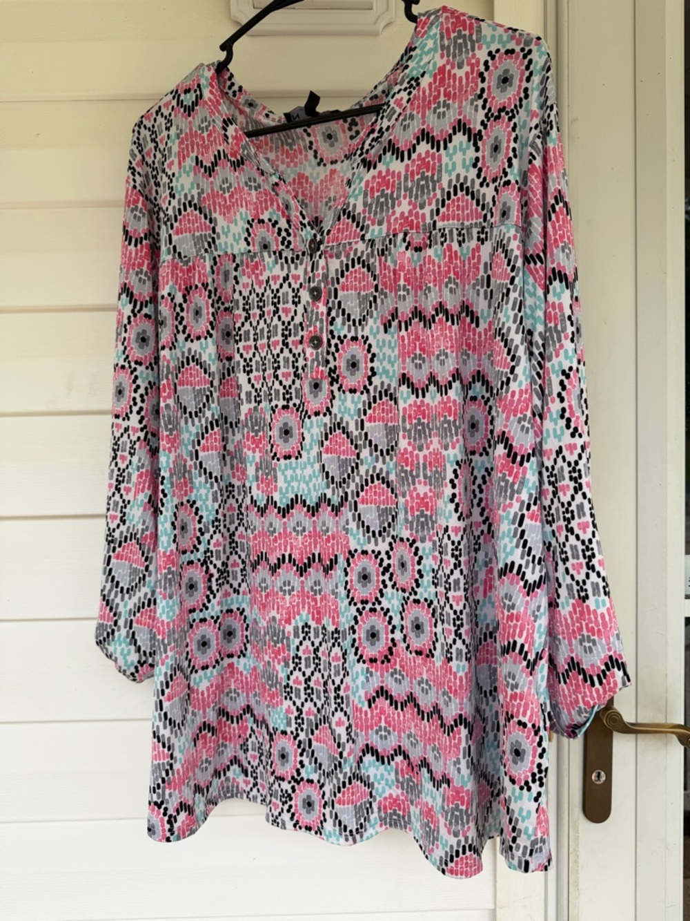 Pink Multi-Print V-Neck Tunic Blouse